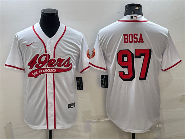 Men's San Francisco 49ers #97 Nick Bosa New White With Patch Cool Base Stitched Baseball Jersey
